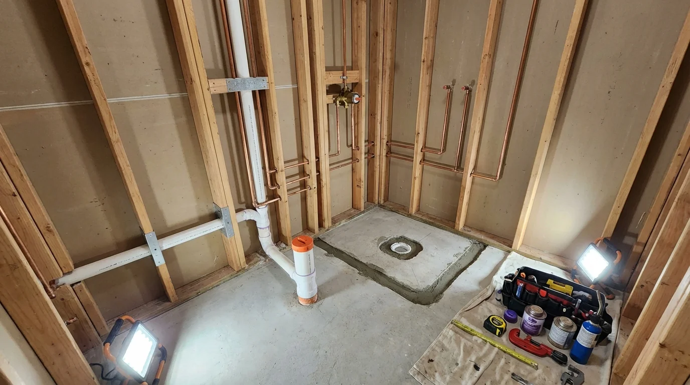 Bathroom rough-in plumbing during remodel by Johns Plumbing LLC in Cambria