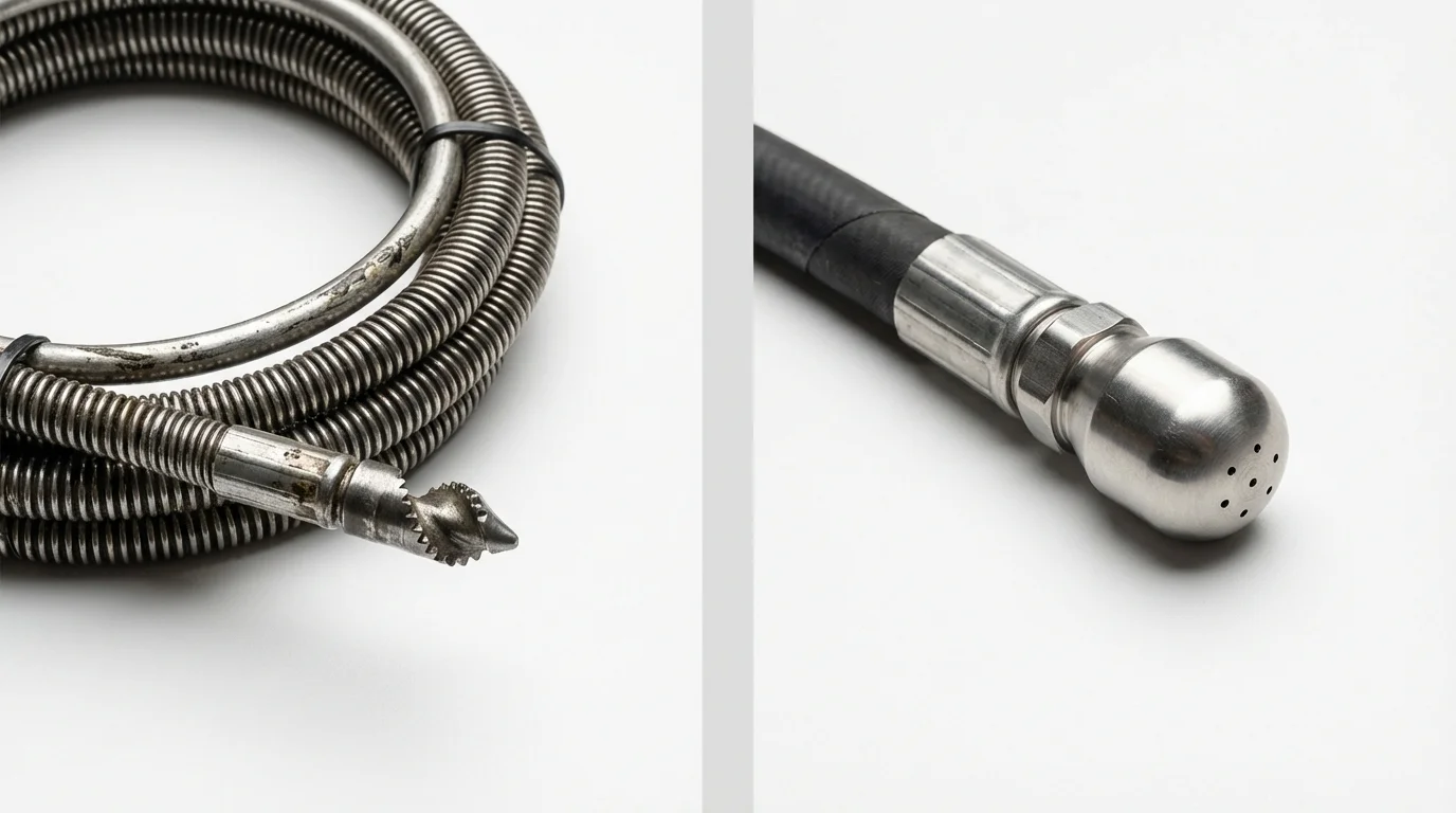 Drain snake cable and hydro jetting nozzle used for drain cleaning in Cambria, CA
