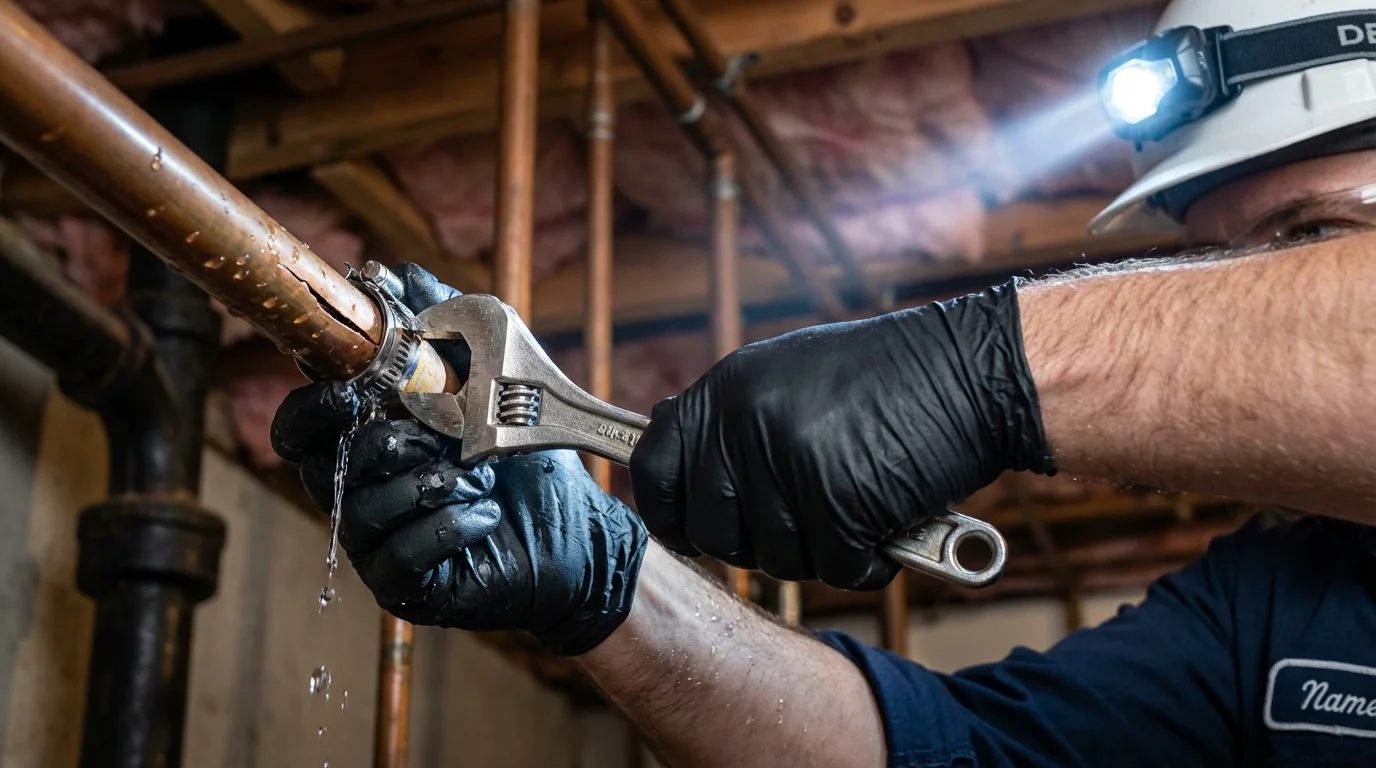 Emergency pipe clamp repair being performed by a Johns Plumbing LLC plumber in Cambria