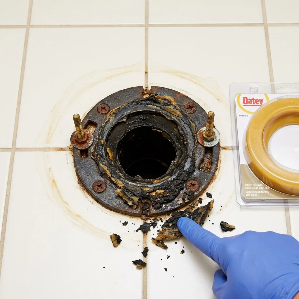 Failed wax ring showing water seepage at the base of a toilet in a Cambria, CA home