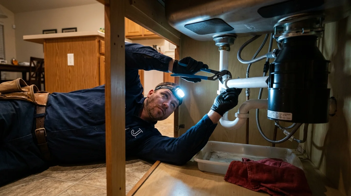P-trap and supply line connections under a kitchen sink showing a common leak point in Cambria, CA
